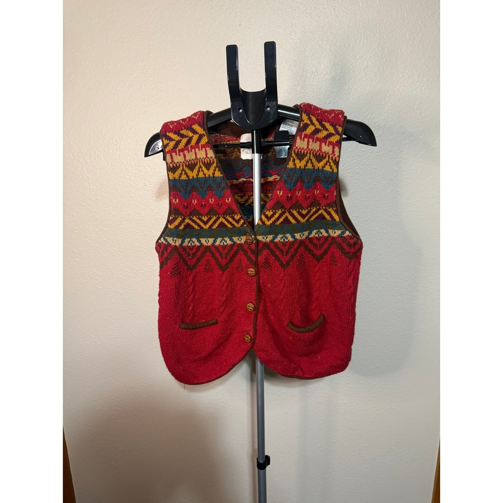 Jessica Tierney SK Vintage Fair Isle Knit Vest Red Ramie Cotton Womens Large